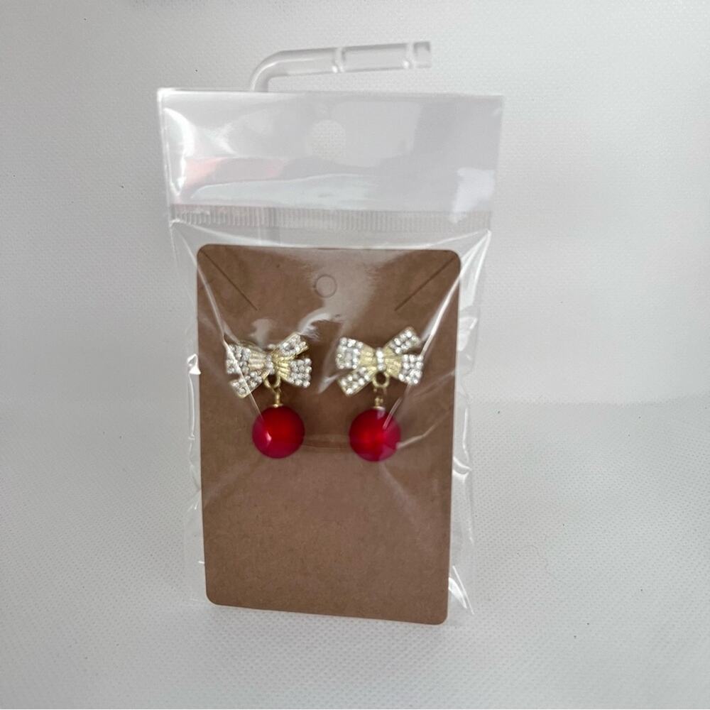Bowknot Rhinestone Drop Dangle Earrings Red Balls Christmas Holidays New Festive - Picture 6 of 6